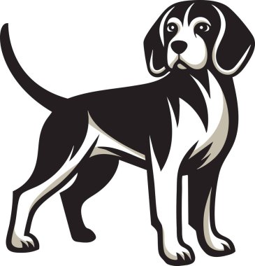 Bir Beagle köpeğinin stilize çizgi çizimi, kendine özgü vücut şeklini, uzun kulaklarını ve tetikte duruşunu gösteriyor. Evcil hayvan tasarımları, markalaşma, baskılar ve eğitim materyallerinde kullanım için ideal.