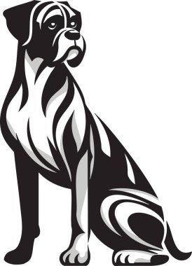 Regal Boxer köpeği oturarak poz veriyor. Sanat eserleri, cinsin ayırt edici kas yapısını, anlamlı yüzünü ve karmaşık gölgeleme ve kalın çizgilerle süslü ceketini yakalar. Evcil hayvan tasarımları, markalaşma, baskılar ve eğitim materyallerinde kullanım için ideal.