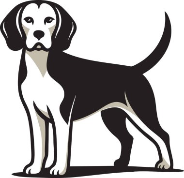 Bir Beagle köpeğinin stilize çizgi çizimi, kendine özgü vücut şeklini, uzun kulaklarını ve tetikte duruşunu gösteriyor. Evcil hayvan tasarımları, markalaşma, baskılar ve eğitim materyallerinde kullanım için ideal.