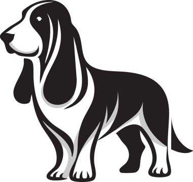 Uzun kulaklı ve sarkık suratlı Basset Hound köpeği tasviri. Evcil hayvan temalı projeler, tasarım şablonları, hayvan severler ve köpek içeriği için mükemmel