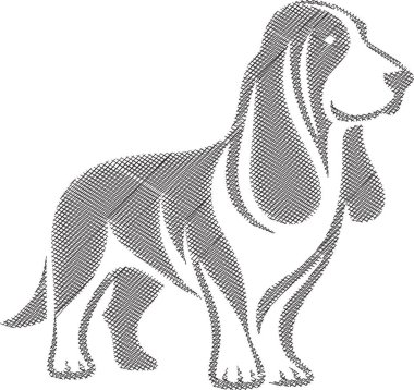 Uzun kulaklı ve sarkık suratlı Basset Hound köpeği tasviri. Evcil hayvan temalı projeler, tasarım şablonları, hayvan severler ve köpek içeriği için mükemmel