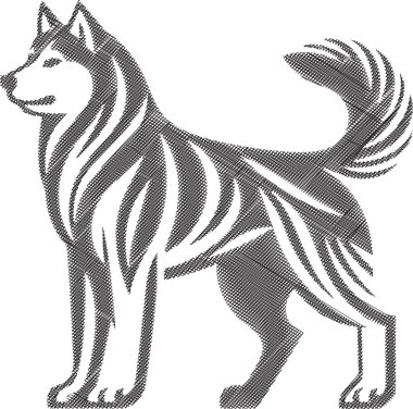 Sibiryalı bir Husky 'nin tasviri, çarpıcı özelliklerini, tüylü kürkünü ve hareketlerini sergiliyor. Macera ve sadakati kutlamak için mükemmel bir tasarım..