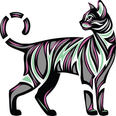 Karmaşık desenleri olan Bengal kedisinin stilize edilmiş çizimi.