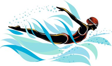 Bir yüzücünün ön emekleme hareketini, hızını ve sıvı hareketini gösteren stil bir illüstrasyon..
