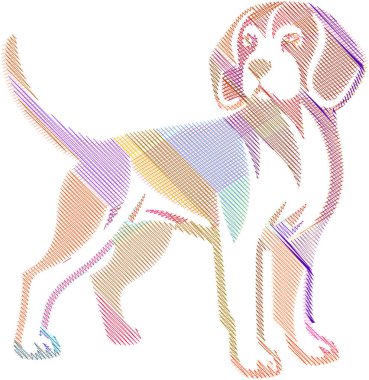 Bir Beagle köpeğinin stilize çizgi çizimi, kendine özgü vücut şeklini, uzun kulaklarını ve tetikte duruşunu gösteriyor. Evcil hayvan tasarımları, markalaşma, baskılar ve eğitim materyallerinde kullanım için ideal.