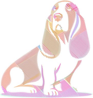 Uzun kulaklı ve sarkık suratlı Basset Hound köpeği tasviri. Evcil hayvan temalı projeler, tasarım şablonları, hayvan severler ve köpek içeriği için mükemmel