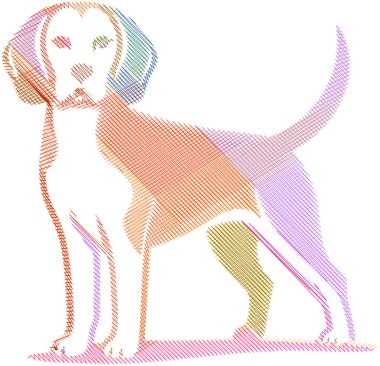 Bir Beagle köpeğinin stilize çizgi çizimi, kendine özgü vücut şeklini, uzun kulaklarını ve tetikte duruşunu gösteriyor. Evcil hayvan tasarımları, markalaşma, baskılar ve eğitim materyallerinde kullanım için ideal.