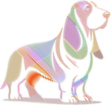 Uzun kulaklı ve sarkık suratlı Basset Hound köpeği tasviri. Evcil hayvan temalı projeler, tasarım şablonları, hayvan severler ve köpek içeriği için mükemmel