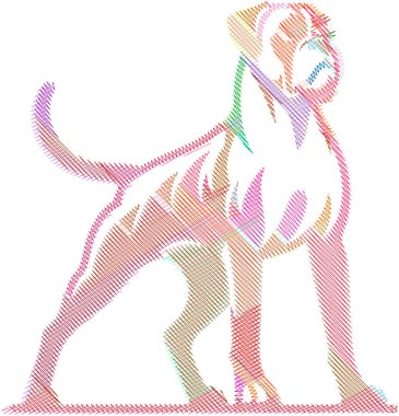 Regal Boxer köpeği oturarak poz veriyor. Sanat eserleri, cinsin ayırt edici kas yapısını, anlamlı yüzünü ve karmaşık gölgeleme ve kalın çizgilerle süslü ceketini yakalar. Evcil hayvan tasarımları, markalaşma, baskılar ve eğitim materyallerinde kullanım için ideal.