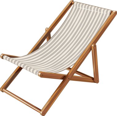 Tahta çerçeveli ve çizgili plaj sandalyesi, yaz, tatil ve açık hava rahatlama temaları için idealdir..
