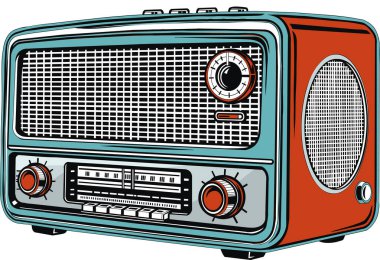 Akort düğmeleri ve hoparlörlü eski moda bir radyo çizimi. Retro, müzik ve nostaljik temalar için ideal..