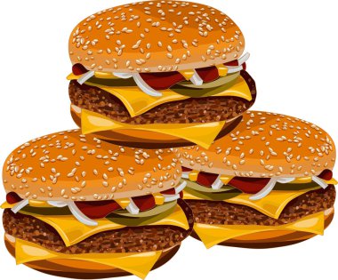 Peynir, soğan, turşu ve susamlı çöreklerle dolu üç çizburgerin iştah açıcı görüntüsü, yemek ve fast food temaları için ideal..