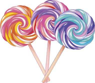 Çubuklarda dönen üç lolipopun neşeli görüntüsü. Şeker, tatlı ve çocuk partileri için ideal.