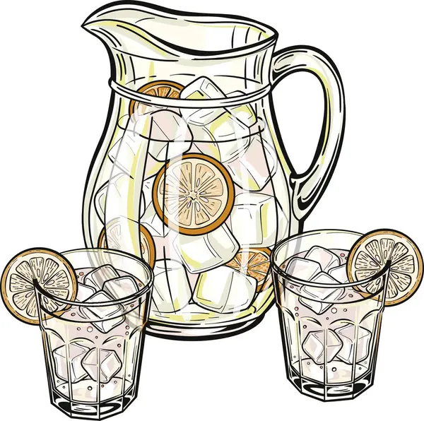 Limonata sürahisi ve buz ve limon dilimli iki bardak, yaz ve ferahlatıcı temalar için mükemmel..