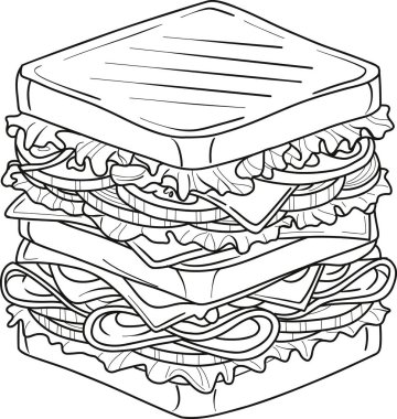 Ekmek, peynir, marul, domates ve meze içeren çok katmanlı bir sandviçin karmaşık çizimi.