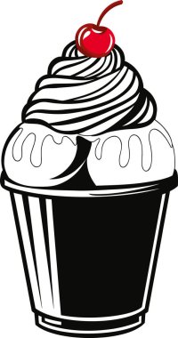 Üzerinde kiraz ve dekoratif detaylar olan kıvrımlı bir dondurma bardağının stilize edilmiş çizimi.