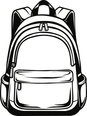 Okul, seyahat ve açık hava tasarım temaları için ideal birden fazla kompartıman içeren tek renkli bir sırt çantasının çizimi.