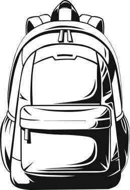 Okul, seyahat ve açık hava tasarım temaları için ideal, birden fazla kompartıman ve kayışlı bir sırt çantasının tek renkli çizimi.