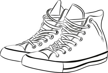 Görünür bağcıkları, moda, ayakkabı tasarımı ve günlük şablonlar için ideal yüksek spor ayakkabılarının tek renkli çizimi.