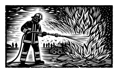 Tehlikeli bir işte alevlerle savaşan itfaiyeci, bu vektör illüstrasyonunda linocut olarak tasvir edilir. Bir itfaiyeci ateşe su püskürtüyor..