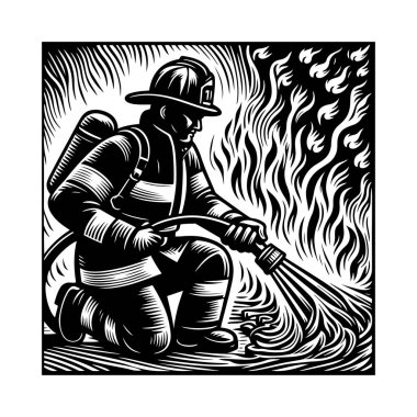 Tehlikeli bir işte alevlerle savaşan itfaiyeci, bu vektör illüstrasyonunda linocut olarak tasvir edilir. Bir itfaiyeci ateşe su püskürtüyor..
