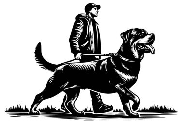 Rottweiler and Owner Enjoying a Scenic Walk. Linocut Illustration of a Rottweiler and His Human. Man Walking His Rottweiler Dog clipart