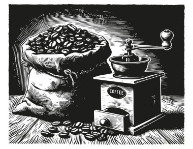 Klasik kahve öğütücüsü ve bir çuval fasulye. Linocut biçiminde vektör illüstrasyonu. Durgun Hayat