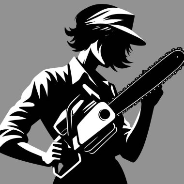 A black and white silhouette of a woman holding a chainsaw. She is wearing a cap and her hair is short. Beauty Chainsaw Woman clipart