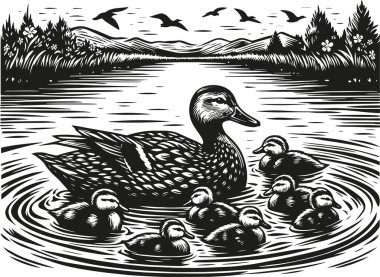 Duck Family in a Serene Pond: Black and White Nature Illustration. Duck Family's Swim: A Beautiful Illustration of Nature. clipart