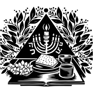 Hamursuz Bayramı 'nda kullanılan matzah, menora ve dekoratif yeşillik gibi siyah ve beyaz bir tasvir. Hamursuz Bayramı Hamursuz Bayramı natüresi.