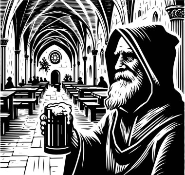 Abbey Hall 'da Keşiş Kızarmış Birası. Ortaçağ manastırında masa ve diğer keşişlerle dolu bira bardağı tutan bir keşişin ahşap çizimi..