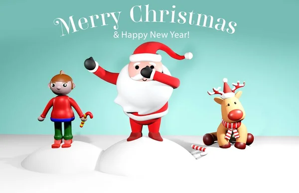 3D渲染新年贺卡和圣诞贺卡 圣诞老人 小精灵和小鹿在雪地里 — 图库照片