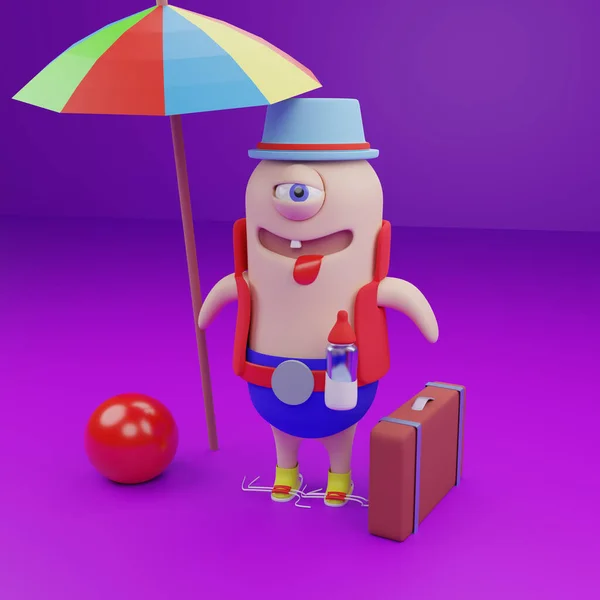 3D rendering drawing of a fairy tale character. Monster on the beach with a suitcase and under an umbrella