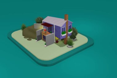 3D rendering. 3d rendering of a beautiful cottage with trees and bushes