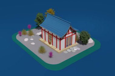 3D rendering. 3d rendering of a Chinese style house. Small, cozy house with blue tiles