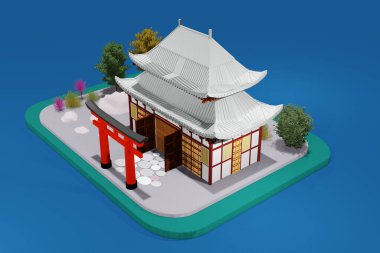 3D rendering. 3D rendering of a Japanese temple and a Japanese tori gate.