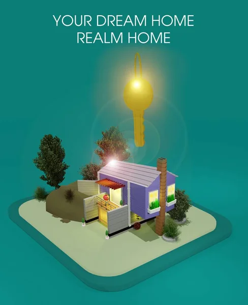 3Dレンダリング 夢の家の3Dレンダリング 大きな黄金の家の鍵 — ストック写真