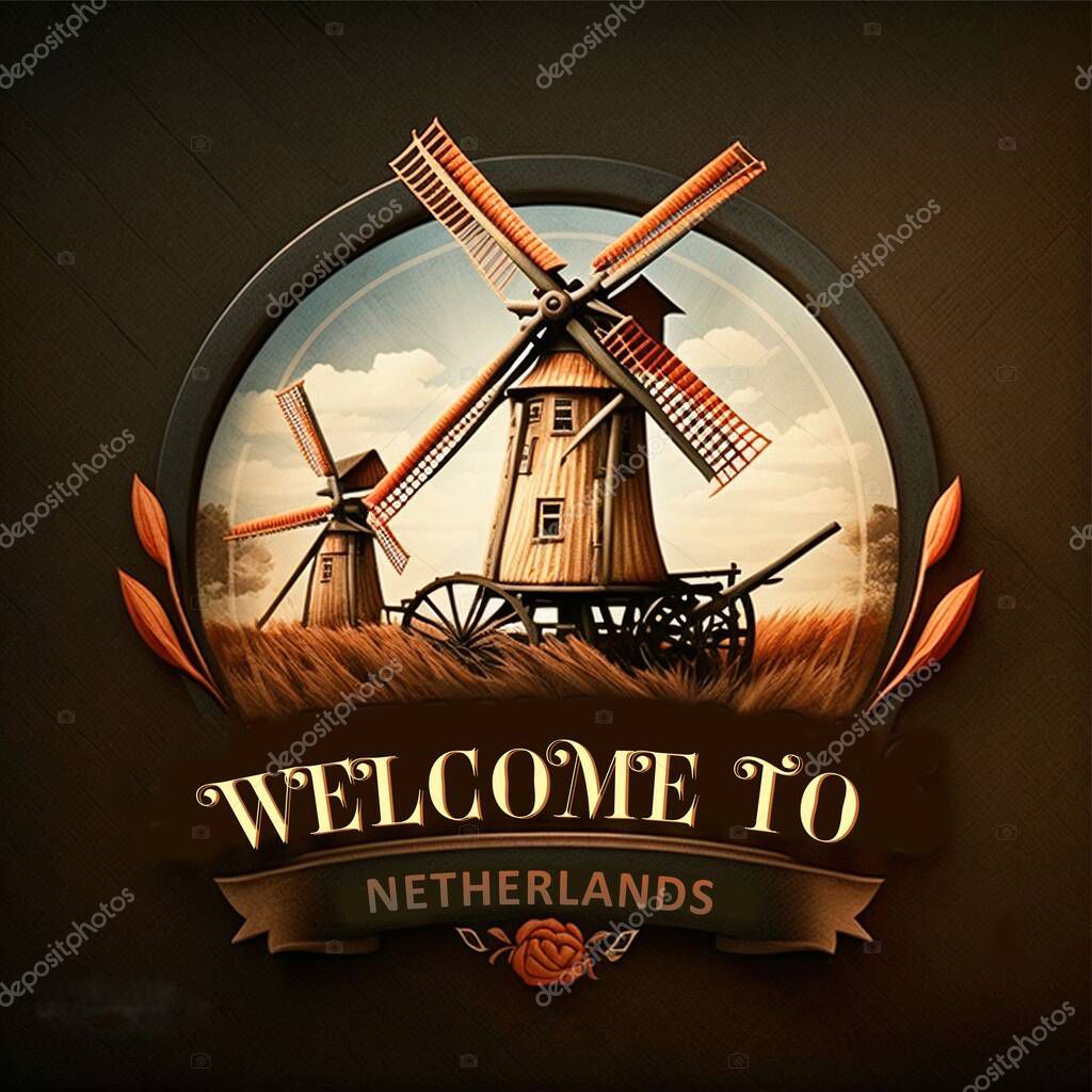 Raster image of the Netherlands logo. Windmills against the sky in retro style.