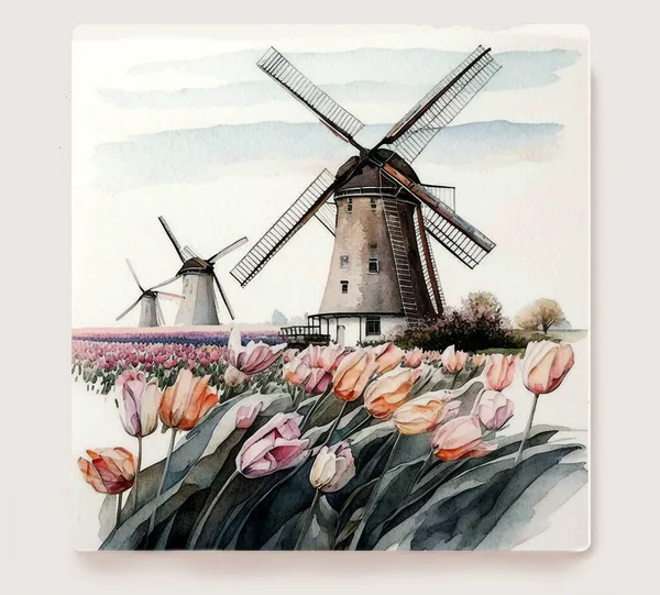 Dutch Windmills Tulips Fields Watercolor Painting Mills Field Beautiful Tulips — Stok fotoğraf