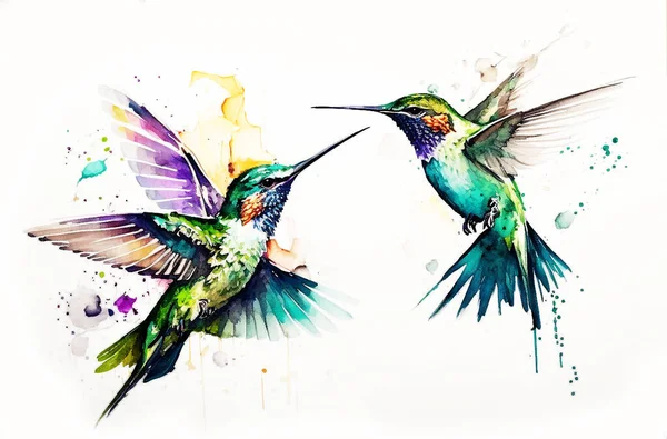 Watercolor drawing of a hummingbird in flight. Two beautiful hummingbirds are flying side by side.