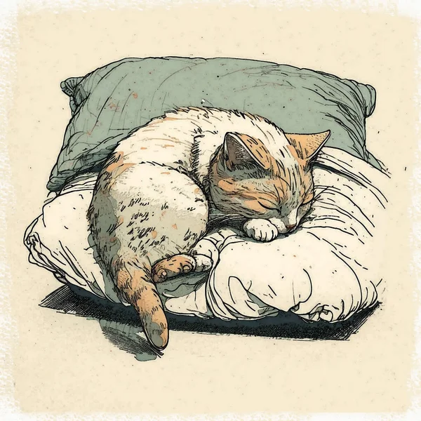 Watercolor drawing of a cute sleeping kitten. Little kitten sleeps on pillows