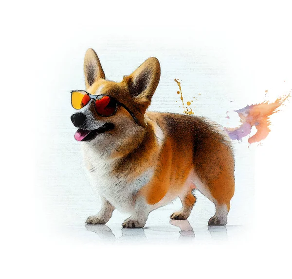 stock image Watercolor drawing of a cute corgi puppy. Little corgi with glasses