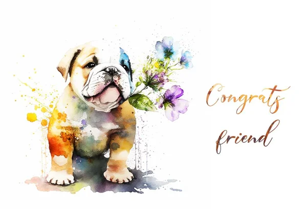 Watercolor drawing of a cute puppy with flowers. Postcard for congratulations or invitations.