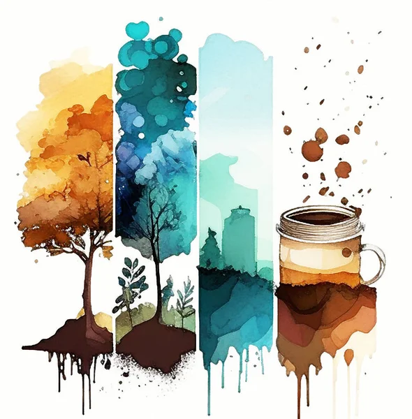 Watercolor drawing of colorful trees, nature and a cup of coffee. Background for use in design