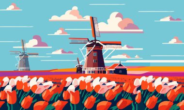 Hollanda laleleri ve yel değirmenleriyle bir manzaranın vektör çizimi. Tasarım posterleri ve selamlar için..