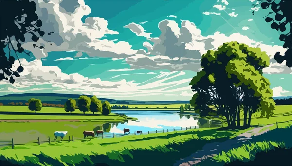 Landschaftliche Illustration Grüne Wiesen Fluss Wolken Und Kühe Fressen Gras — Stockvektor