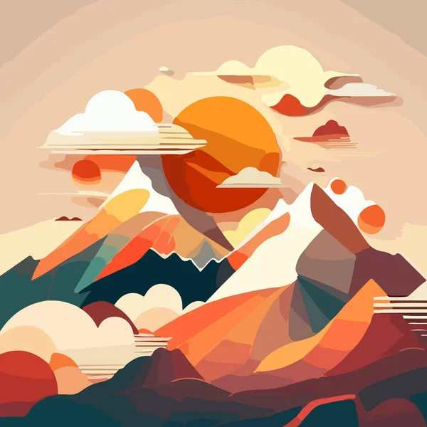 Ilustración Coloridas Montañas Nubes Sobre Telón Fondo Del Sol Ilustración — Vector de stock