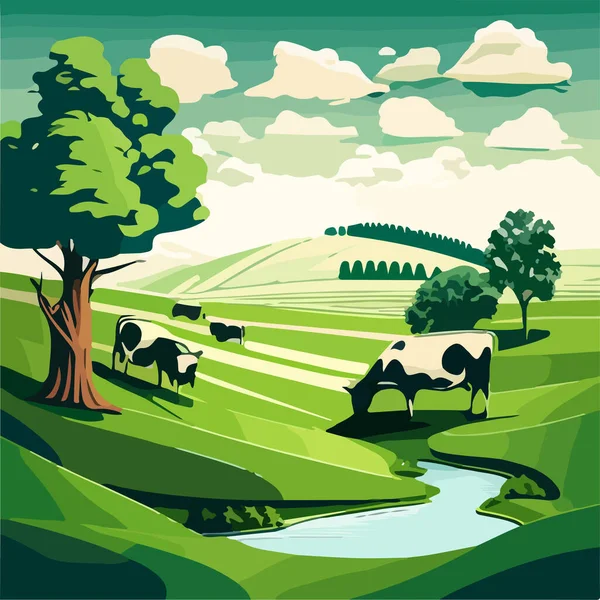 Landelijke Landschapsillustratie Groene Weiden Rivieren Wolken Koeien Eten Gras — Stockvector