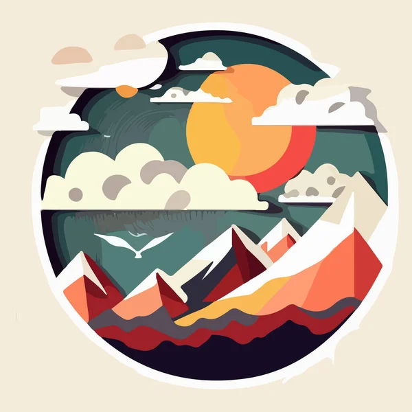 Ilustración Coloridas Montañas Nubes Sobre Telón Fondo Del Sol Ilustración — Vector de stock