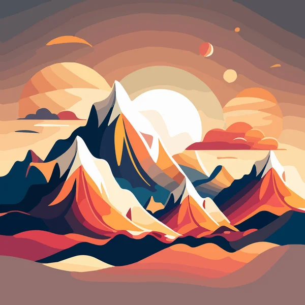 Güneşin Arka Planına Karşı Renkli Dağların Bulutların Çizimi Tasarımınız Için — Stok Vektör